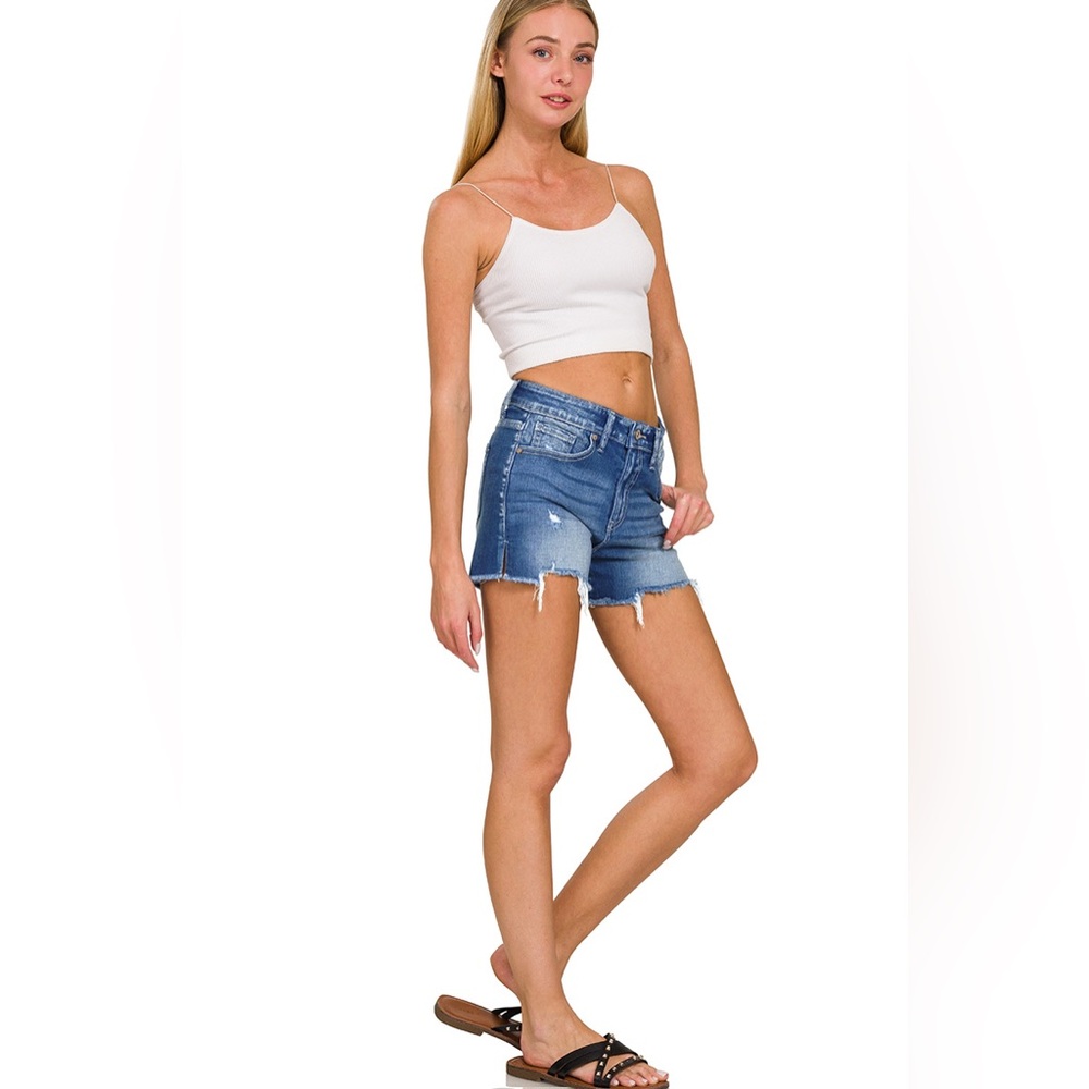 Zenana Outfitters Dark Blue Distressed High-Waist Jean Shorts - Picture 7 of 8
